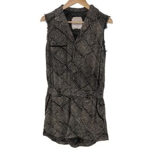 Hei Hei Anthropologie Women Black Tan Geometric Button Front Rayon Romper Small